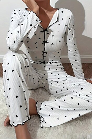 Merry See Heart Printed Long Sleeve Pajama Set
