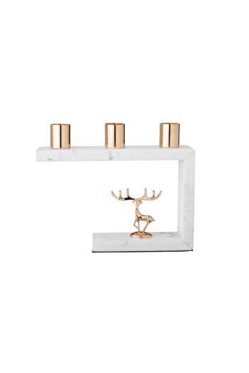 ORIAN Marble decorative sculpture and three-sided candle holder with a metal deer decoration in the middle