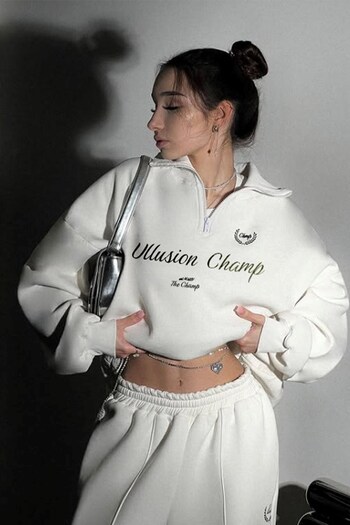 The Champ Clothing Women's Oversize Sweatshirt Ullusion Champ Printed White – Half Zip, 3 Thread Fleece