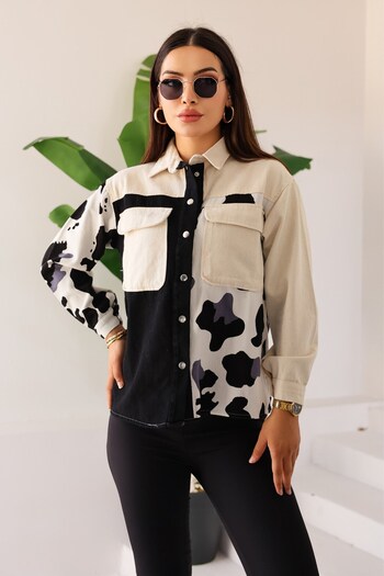 Kübra Tekstil Women's Oversize Fit Patterned Long Sleeve 100% Cotton Shirt, Jacket, Stylish Lumberjack Women's Shirt with Pockets