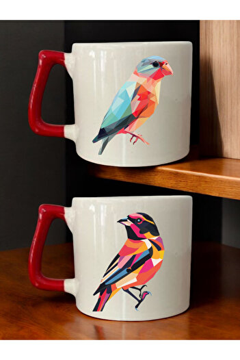 lili hediyelik Bird Printed 2-Piece Coffee Cup Ceramic Mug - Ceramic Tea, Coffee Gift Cup