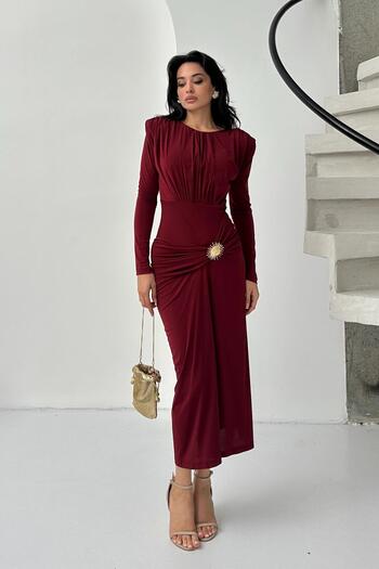 Serica Moda Burgundy Sun Buckle Padded Dress