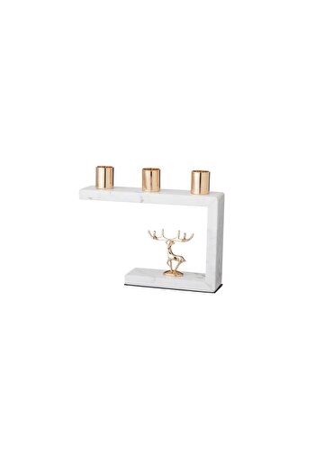 ORIAN Marble decorative sculpture and three-sided candle holder with a metal deer decoration in the middle
