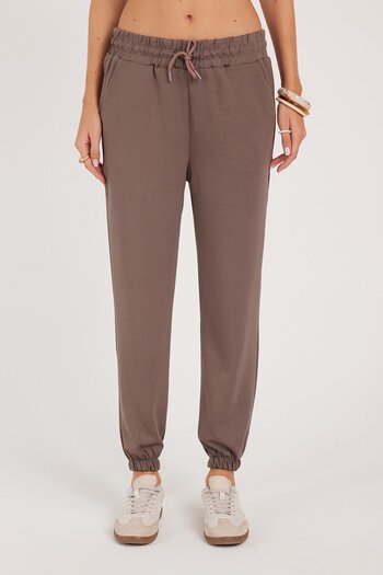 Tudors Women's Relax Fit Comfortable Cut Modal Fabric Tie Waist Elastic Jogger Light Brown Pants