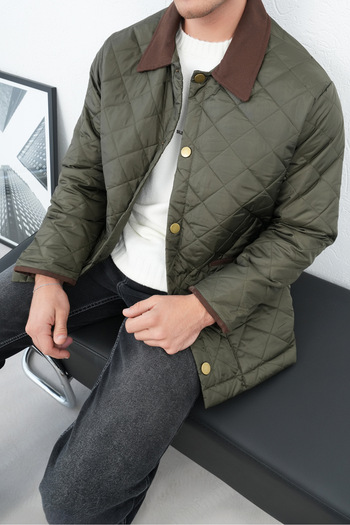 İLKCET MODA Khaki Men's Jacket with Diamond Pattern Collar Detail