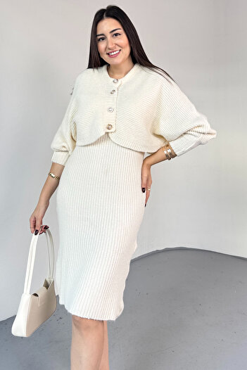 Cappmoda Tkm-9049 Ecru Soft Textured Buttoned Cardigan & Dress Two-Piece Knitwear Set