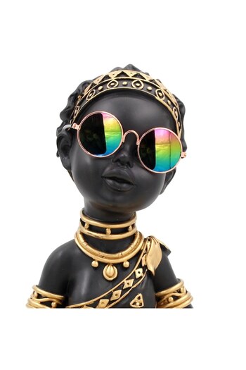 BLA BLA FOAM Statueta decorativa exotica, fata africana tribala cu tavita 23x9,5 cm – negru-auriu
