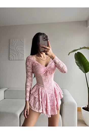 Zoom Butik Dantel Kol Ön Büzgülü Elbise - PUDRA