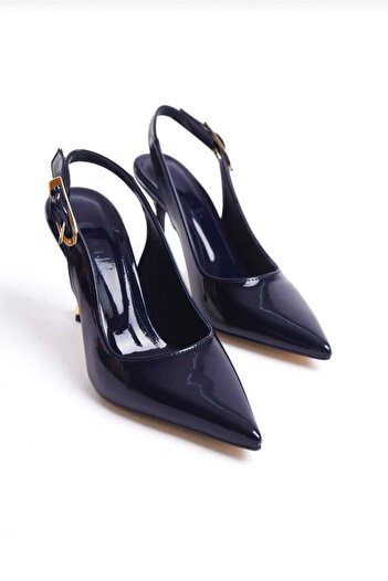 Lölük Moda Women's Ovis Pointed Heeled Shoes Navy Blue Patent Leather Available in Sizes 41 and 42
