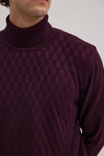Jakamen Mor Slim Fit Desenli Tam Balıkçı Yaka Triko