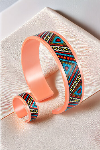 OSMANLI GÜMÜŞ Women's Copper Bracelet Ring Set - Arina Model Special Edition Metal Box and Quartz Stone