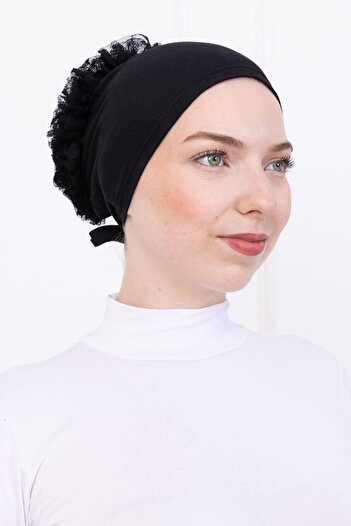 Loggia Ruffled Front Stitched Combed Cotton Bonnet - Women's Hijab Tie-On Bun Inner Bonnet - Black