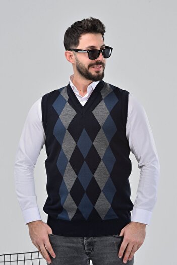 HEDEFNUR TEKSTİL Navy Blue Gray Men's and Middle-Aged Diamond Patterned Winter Thick Knitwear V-Neck Knitwear Sweater