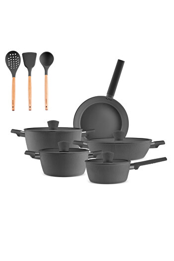 Karaca X Refika Swiss Crystal Pureline Induction Base Cookware Set with Utensils, 12 Pieces, Gray