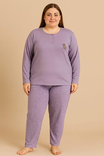 Pemilo Women's 05113 Large Size 100% Cotton Interlock Pajama Set Purple