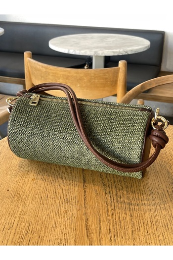 Lunova Green Women's Straw Cylinder Model Hand and Shoulder Bag