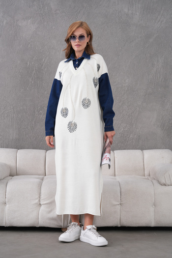 Miss Allos Women's Sleeves Denim Front Beading Wide Fit Long Knitwear Dress