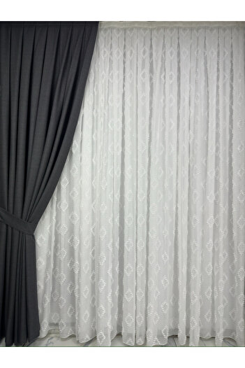 perkoz Baklava Patterned Fringed Linen Tulle Curtain 1/3 Tight Pleat