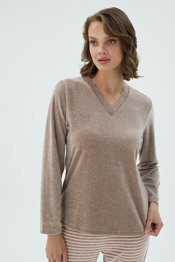 Sevim Women's V-Neck Lace Detailed Long Sleeve Striped Bottom Pajama Set C8T3N371
