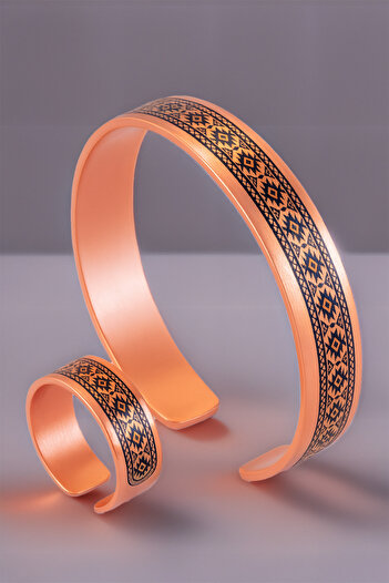 OSMANLI GÜMÜŞ Women's Copper Bracelet Ring Set - Anna Model Special Edition Metal Box and Quartz Stone