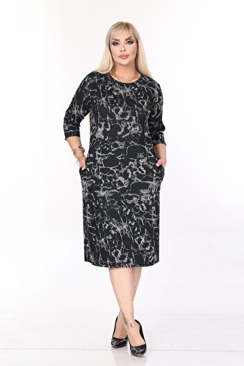 modayız Double Pocket Patterned Stretchy Winter Plus Size Midi Dress 44C-2703