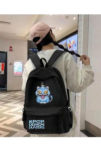 DEEFWEAR Black K-Pop Demon Hunters – Derpy Blue Tiger Printed Course, Tutoring, Study School Backpack