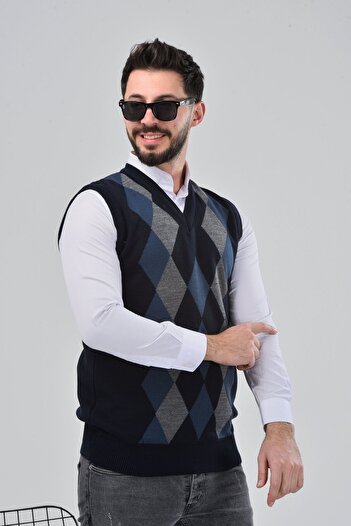HEDEFNUR TEKSTİL Navy Blue Gray Men's and Middle-Aged Diamond Patterned Winter Thick Knitwear V-Neck Knitwear Sweater