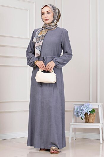 Sevitli Beli Tünelli Ribbed Aslı Dress-Grey