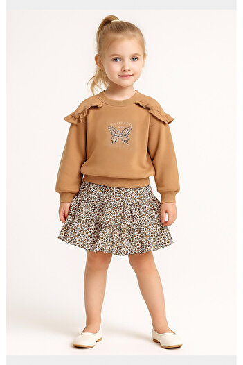 Overdo Girl's Leopard Patterned Skirt Stone Print Sweat Double Set