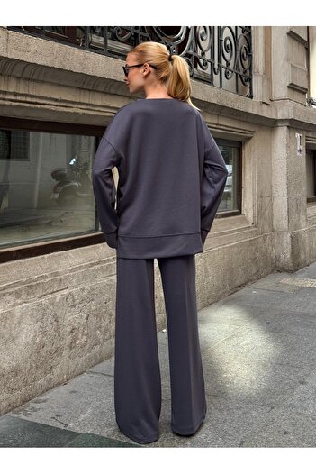 Buklemoda Modal Fabric Gray Oversize Sweat Double Set