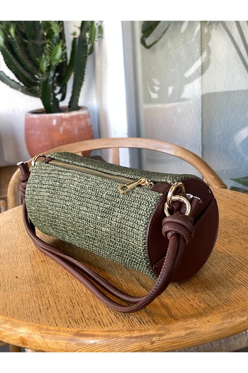Lunova Green Women's Straw Cylinder Model Hand and Shoulder Bag