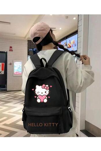 DEEFWEAR Black Hello Kitty Pink Heart Tutoring, Tutoring School, Study School Backpack
