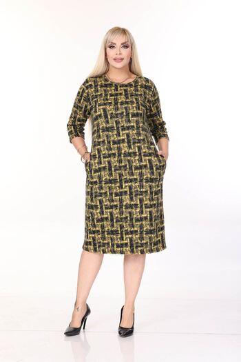 modayız Double Pocket Patterned Stretchy Winter Plus Size Midi Dress 45C-2704