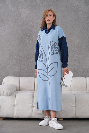 Miss Allos Rochie lungă din tricot pentru femei, cu mâneci din denim, cu broderie în față