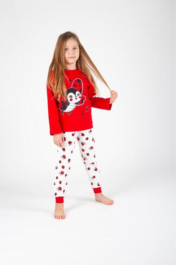 Esterella Girls' Masked Combed Cotton Children's Pajama Set / Red Pajama Set / Seasonal Children's Pajama Set