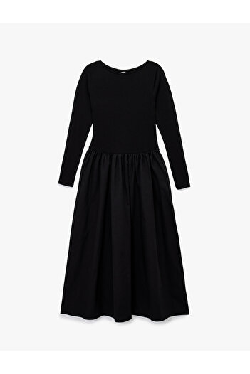 Koton Rochie din bumbac, slim fit, cu mânecă lungă, cu decolteu, cu tăietură în formă de clopot, lungime midi