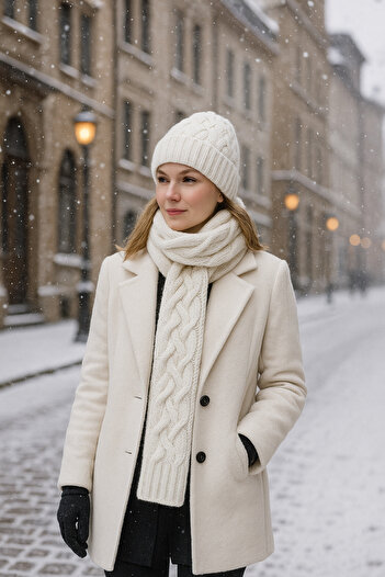 SİSTEM PELUŞ Women's Elegant Knitted Patterned Beanie & Scarf Set