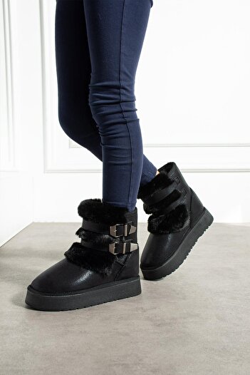 CCWAY AYAKKABI Double Buckle Thick Sole Children's Boots Black Sultan