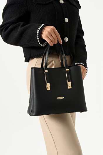 CCWAY AYAKKABI Women's 4-Compartment Simple and Stylish Shoulder and Hand Bag with Gold Accessories Black Black