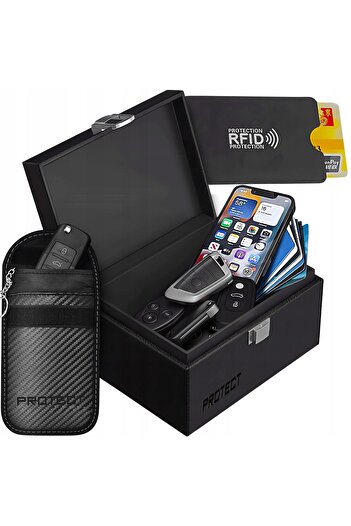 zola Set cutie antifurt,husa chei breloc RFID, blocare semnal 10kHz-30GHz, portcard, 18x13x11 cm