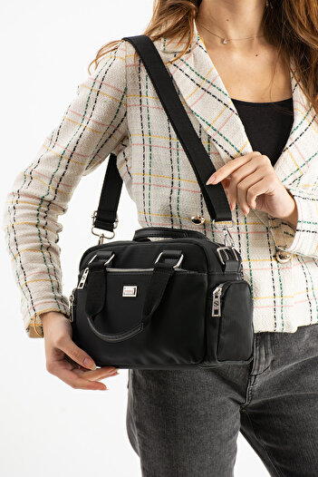 Sanmorris Women's Multi-Compartment Adjustable Crossbody Strap Black Satin Hand and Shoulder Bag