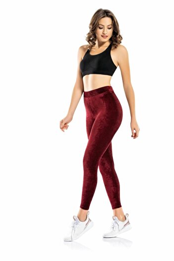 Queenchic Women's Winter Velvet Shiny Waist-Elastic Burgundy Leggings - Burgundy - BYNVADYMNAYMIKCTAYT1172-BRD
