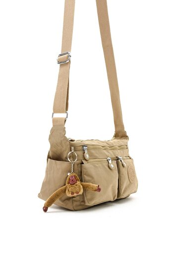 CCWAY AYAKKABI Women's Medium Size Compartmented Waterproof Crinkle Fabric Crossbody Shoulder Bag Khaki