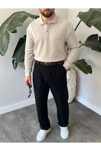 Gambocci Men's Long Sleeve Lightweight Loose Oversize Polo Neck Knitwear Sweatshirt