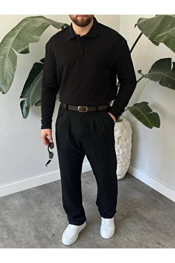 Gambocci Men's Long Sleeve Lightweight Loose Oversize Polo Neck Knitwear Sweatshirt