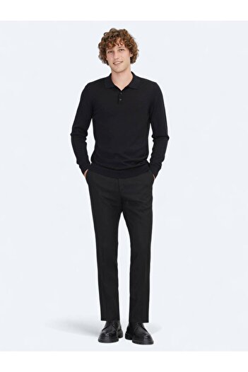 Kip Black Polo Neck Plain Knit Wool Blended Sweater