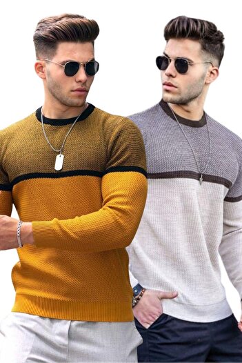 Madmext Mustard/Beige Color Block Men's 2-Pack Sweater 4734