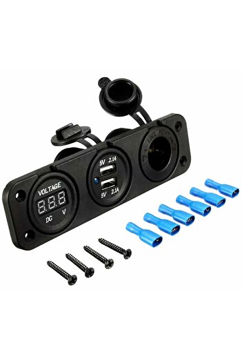 zola Car socket, waterproof, built-in voltmeter, 2 USB 5V ports, black, 15.2x4.3x5.5 cm