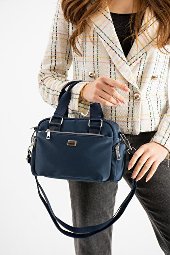 Sanmorris Women's Multi-Compartment Adjustable Crossbody Strap Navy Blue Satin Hand and Shoulder Bag