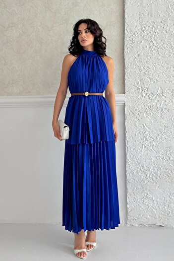 Serica Moda Rochie cu curea cu guler pliat albastru Saks